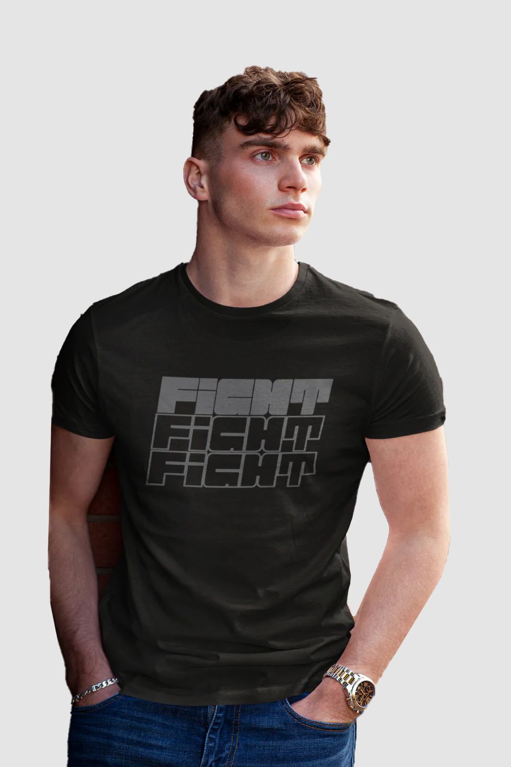 Fight Printed Black Round Neck Tshirt