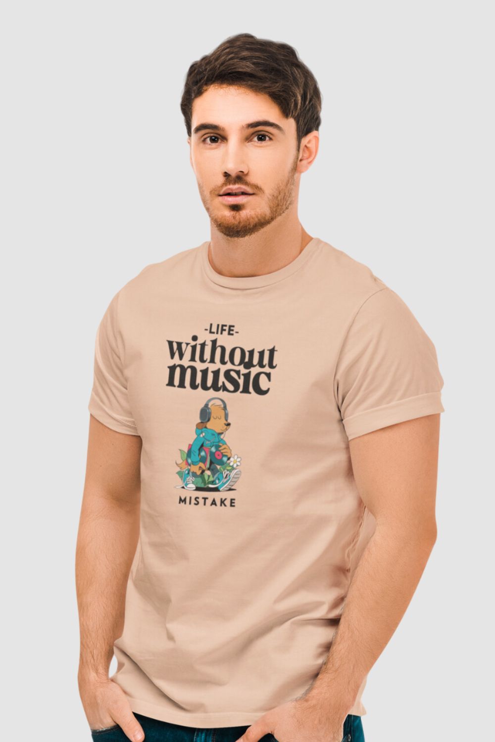 Life Without Music Graphic Printed Peach Tshirt