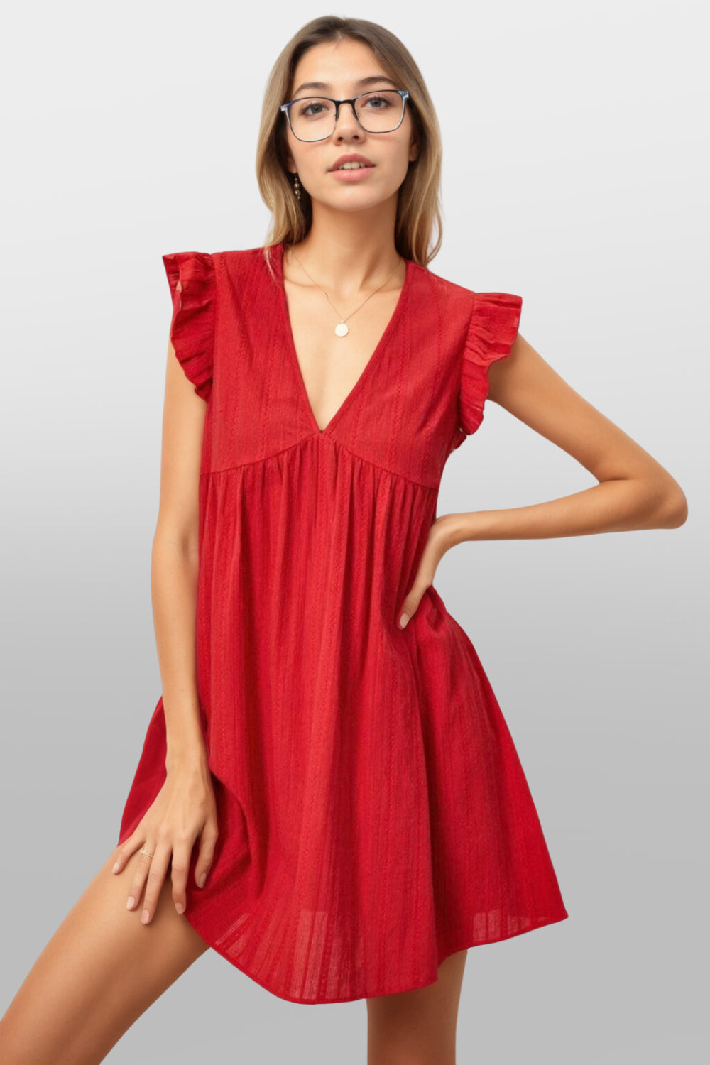 Ruffle Trim Mini Dress Red