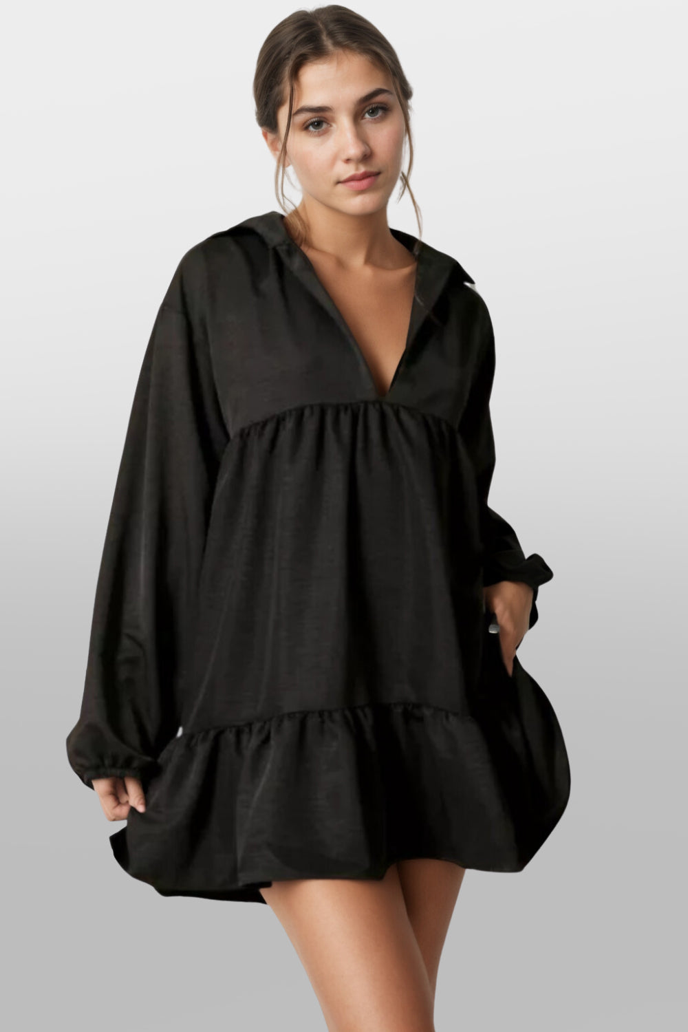 Mini Flared Collar Full Sleeves Dress